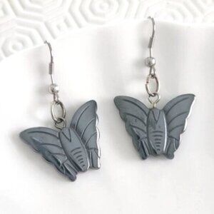 Vintage Boho Sterling Silver Carved Hematite Butterfly Dangle Drop Earrings